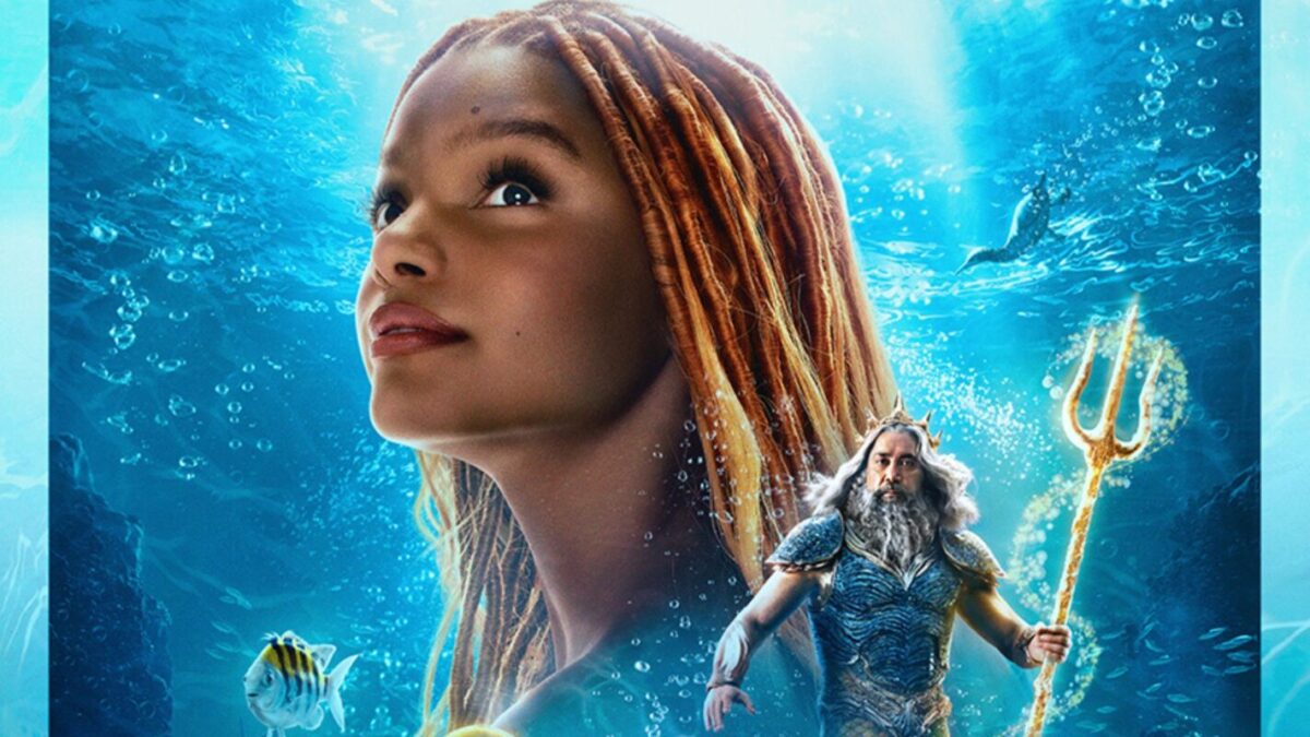 Princess Ariel, King Triton, and Flounder in the live-action "The Little Mermaid"