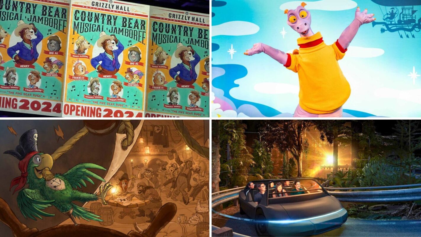 Daily recap collage of Country Bear Musical Jamboree, Figment meet and greet, Peg-Leg Pete, and Test Track reimagining