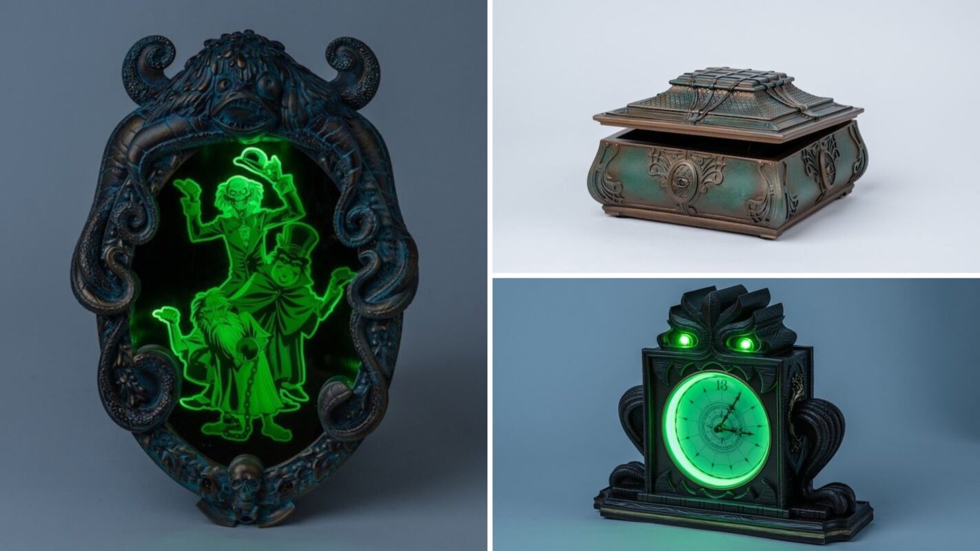 A collage of three haunted house-themed artifacts: a glowing green ghostly portrait, a lidded decorative box, and a clock with green glowing eyes, all with an antique aesthetic.