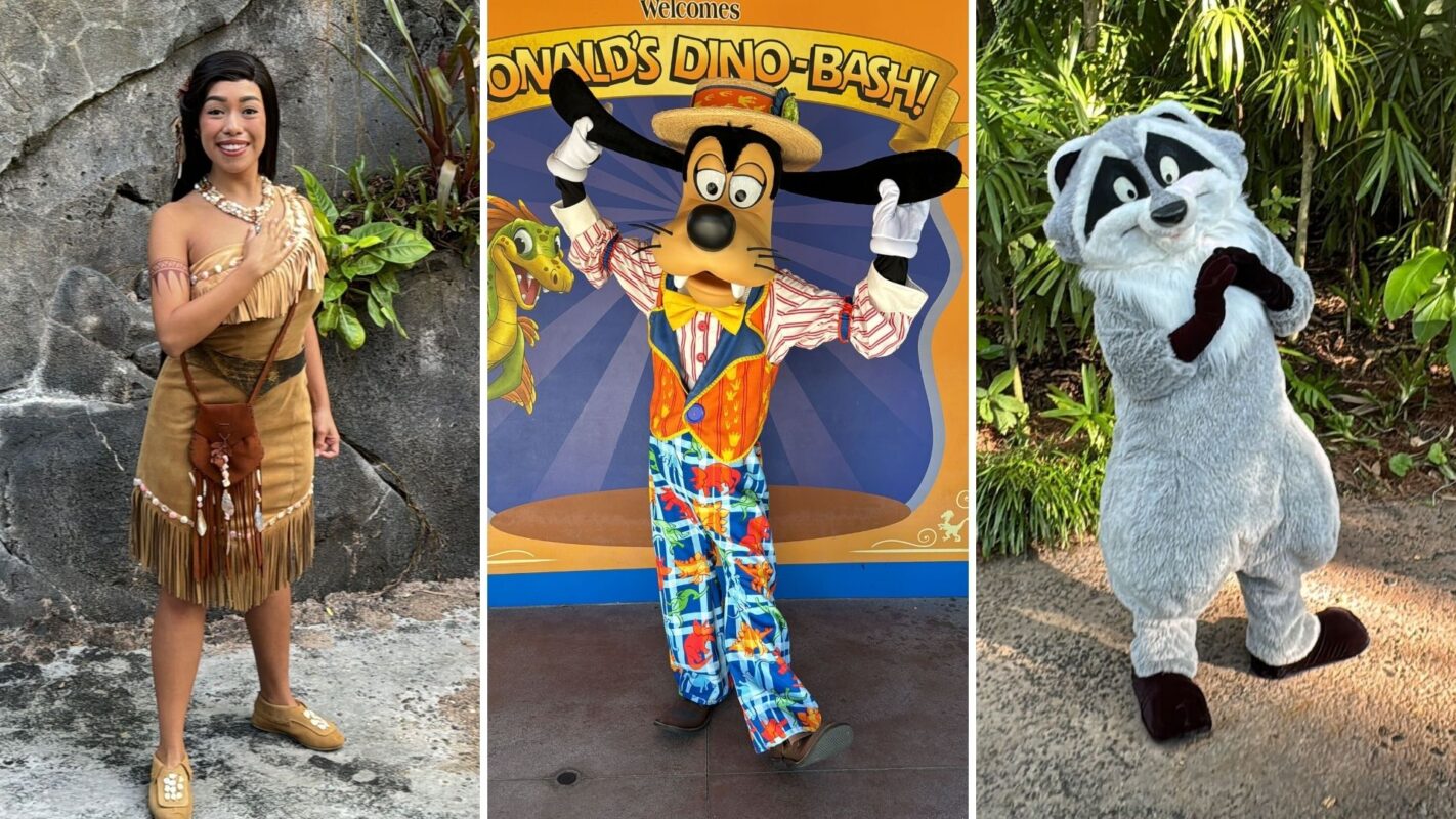 Pocahontas, Goofy, and Meeko meet and greets collage
