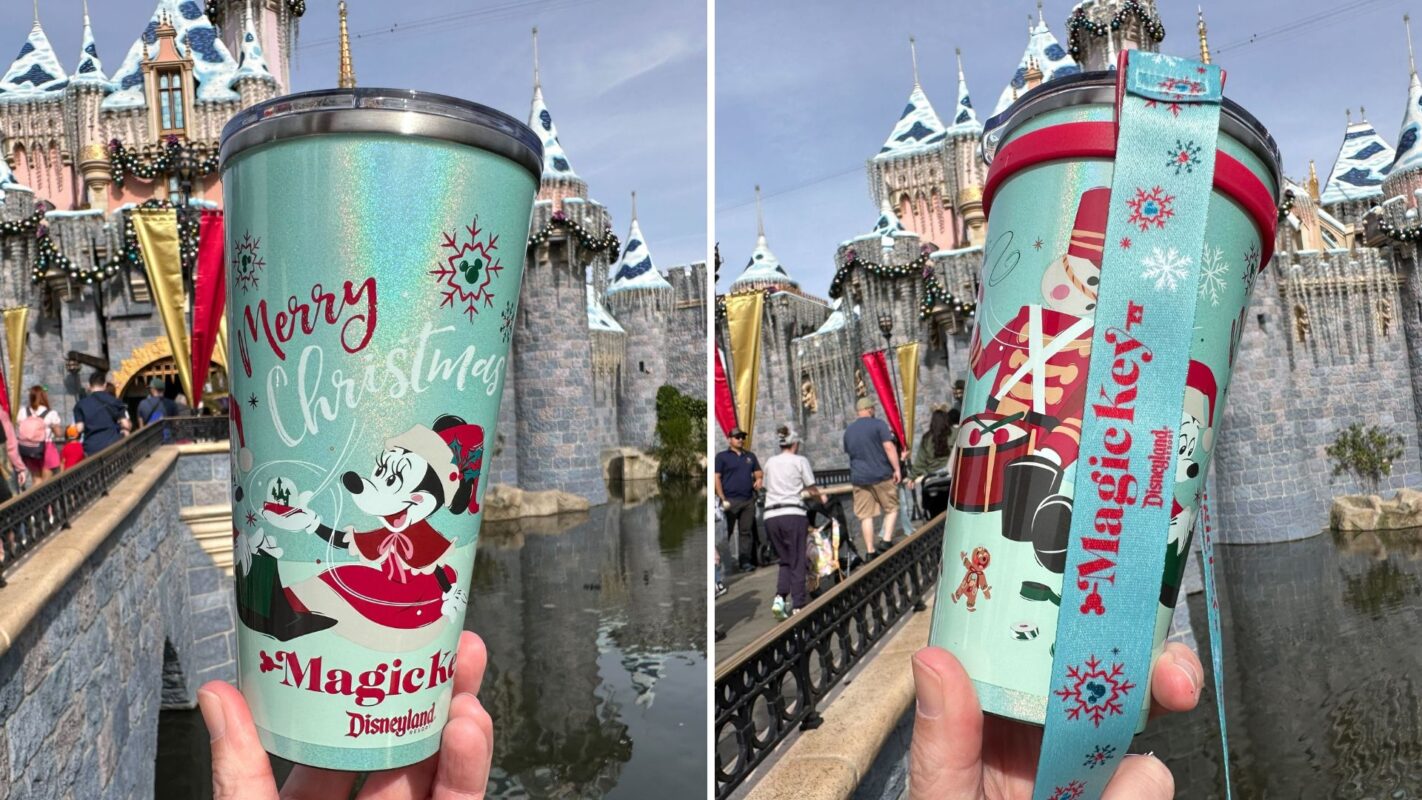 A Disney-themed Christmas tumbler held in front of a castle with festive decorations.
