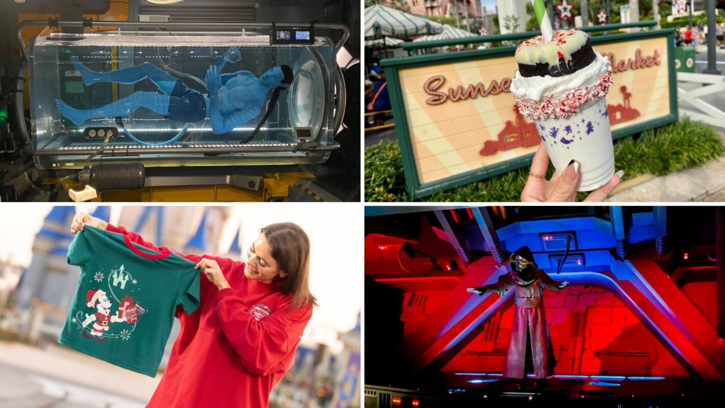 Collage of Avatar tank, candy cane milkshake, Christmas merch, and Kylo Ren