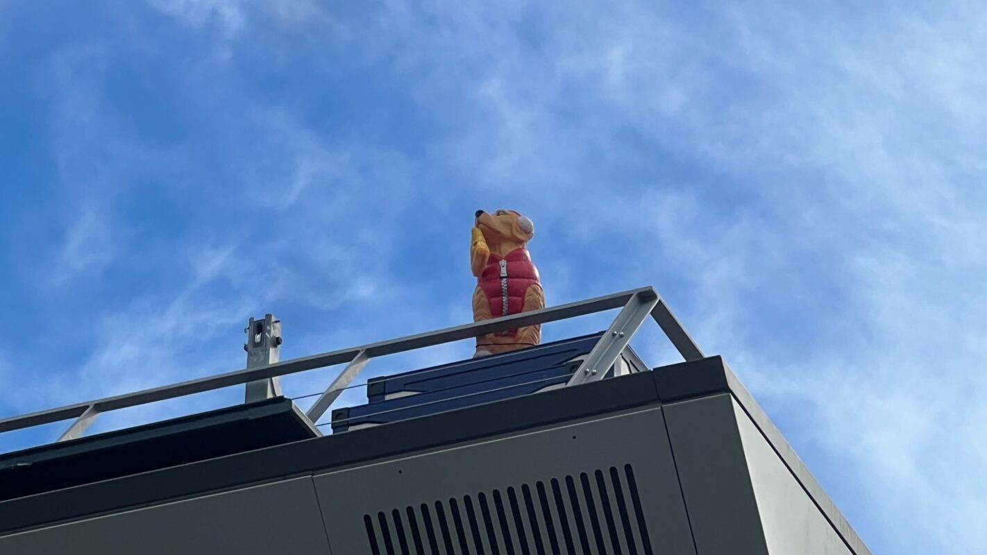 Lucky the Pizza Dog inflatable on Avengers Headquarters