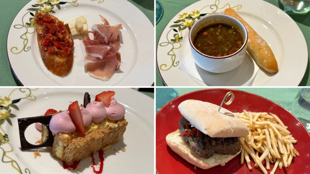 A four-photo collage of various menu items from Tiana's Place for lunch aboard the Disney Wonder. WDWNT Daily Recap 1-22-24