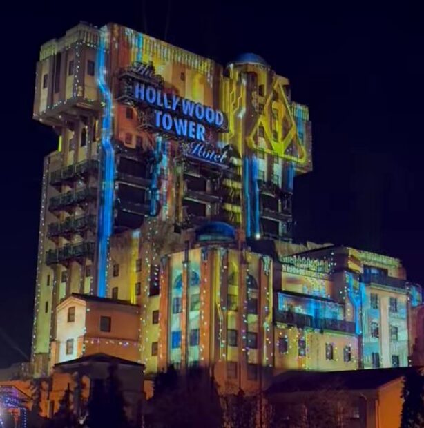 The Tower of Terror facade at Disneyland Paris made to look like Guardians of the Galaxy Mission BREAKOUT.