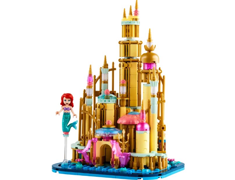 The fully-built LEGO Mini Disney Ariel's Castle. A LEGO Disney mini doll of Ariel floats to the left of the castle.