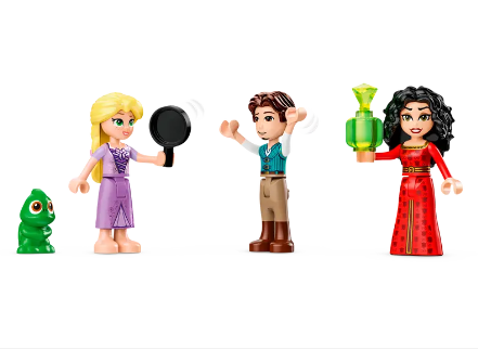 A closer look at the LEGO Disney mini doll figures of Rapunzel, Flynn Rider, Mother Gothel, and Pascal.