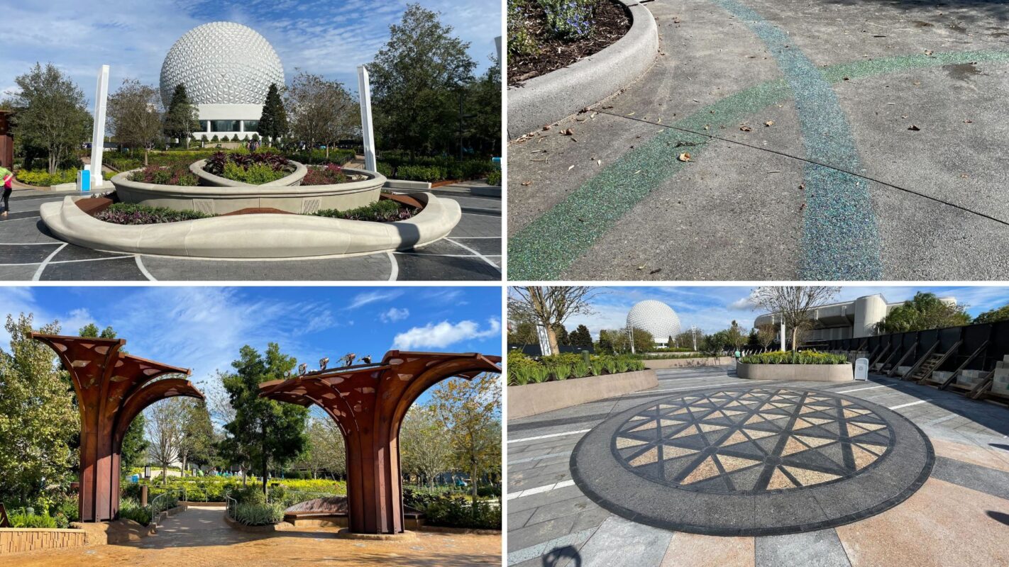 Four images depict a theme park area with various architectural features: a geodesic dome, a curved bench, arched structures, and a circular pattern on a walkway.