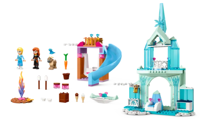 The full LEGO set for Elsa's Frozen Castle, with all pieces laid out clearly.