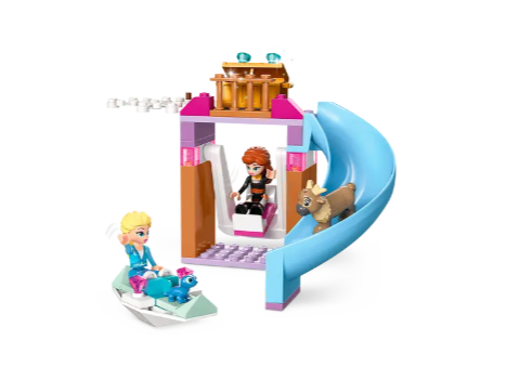 Anna and Elsa LEGO Disney mini dolls play on a swing and slide area with Bruni and a baby reindeer.