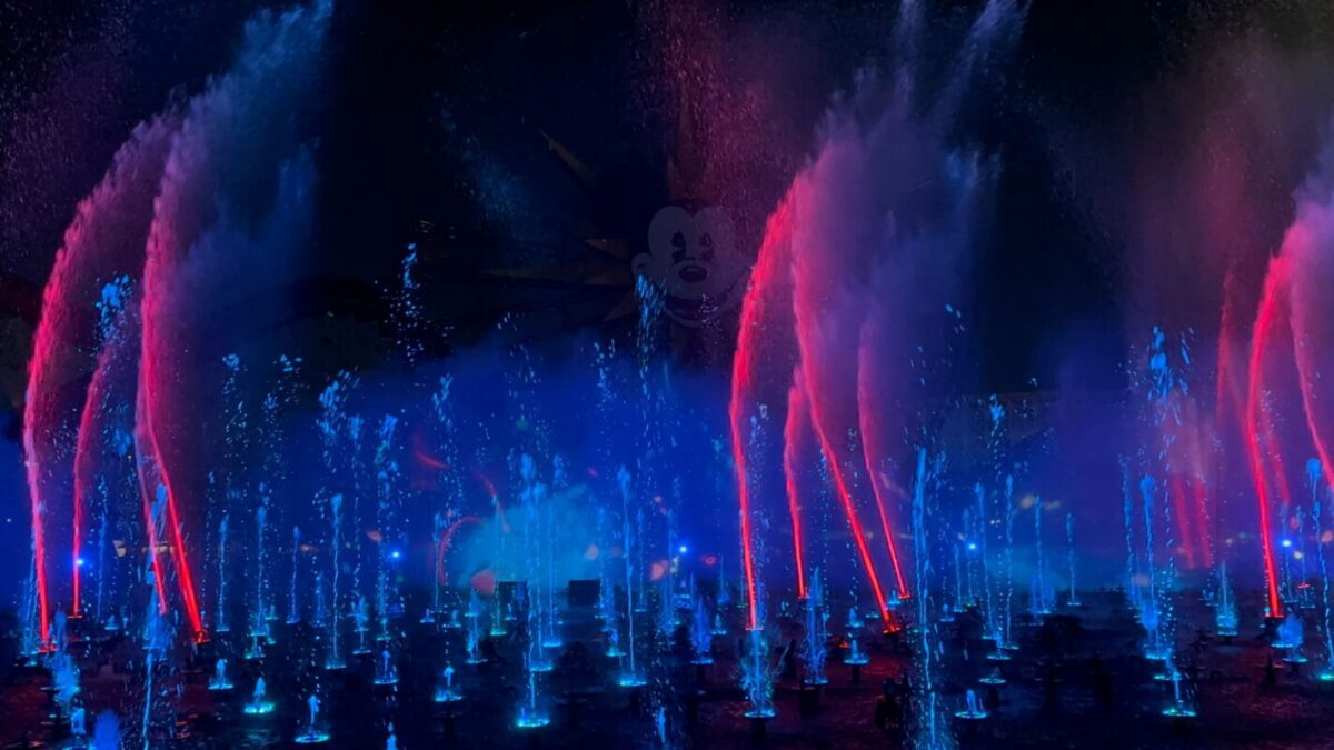 Water fountains light up blue and red.