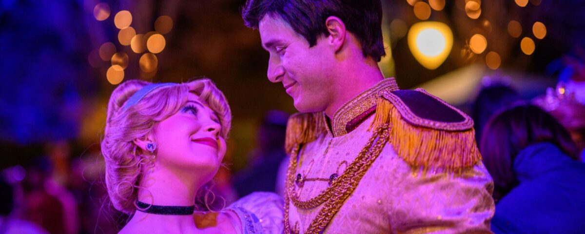 Cinderella and Prince Charming dance together at Disneyland After Dark: Sweethearts Nite.