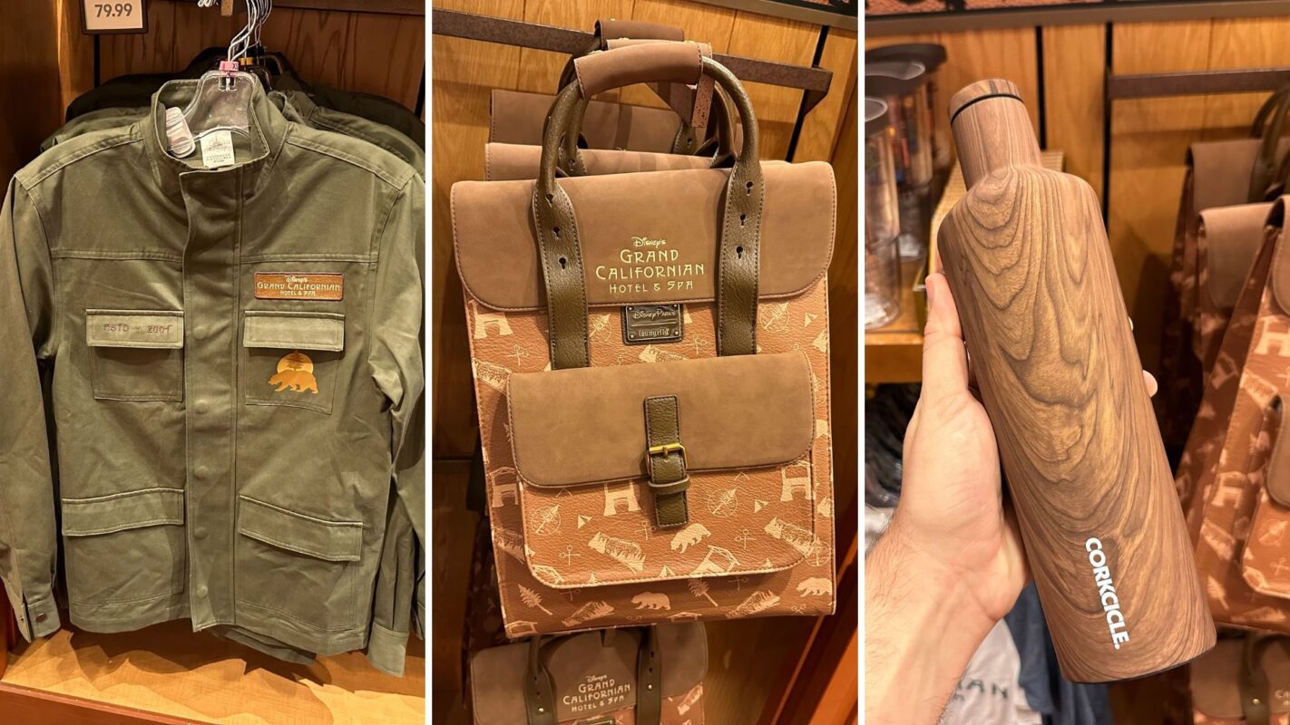Grand Californian Hotel jacket, Loungefly backpack, and Corkcicle bottle