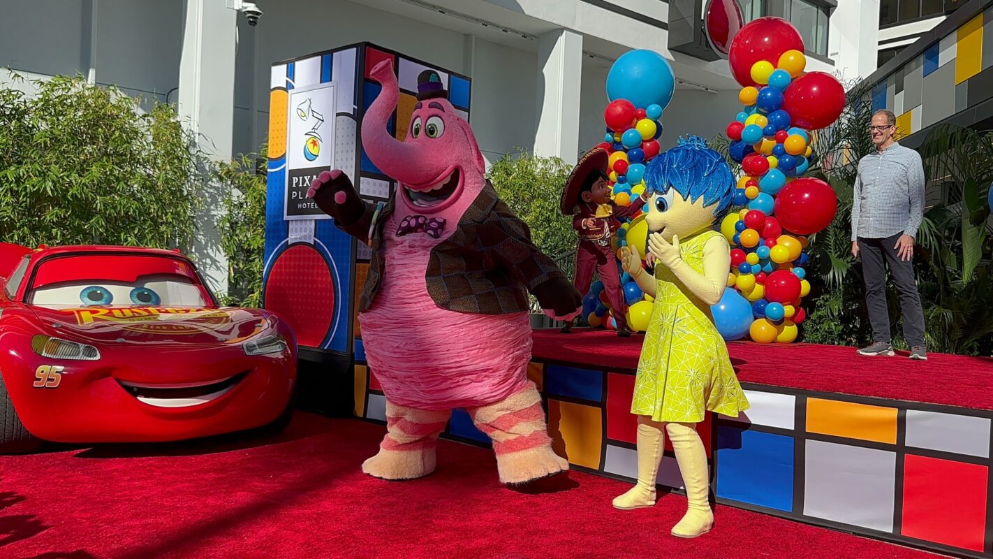 Bing Bong and Joy at Pixar Place Hotel opening ceremony