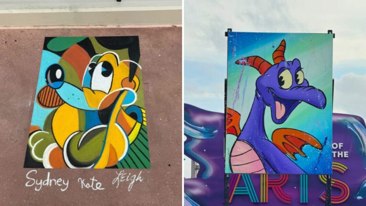 Collage of Pluto chalk art and Figment painting