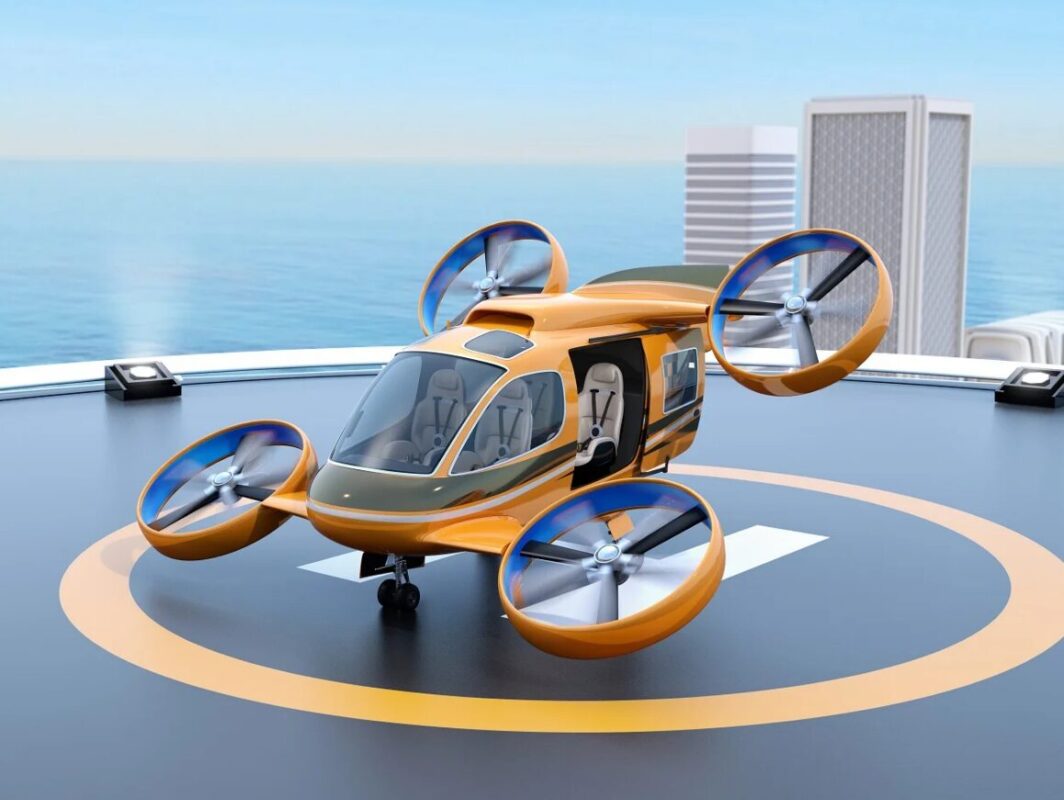 Conceptual art of a powered-lift aircraft designed as an "air taxi."