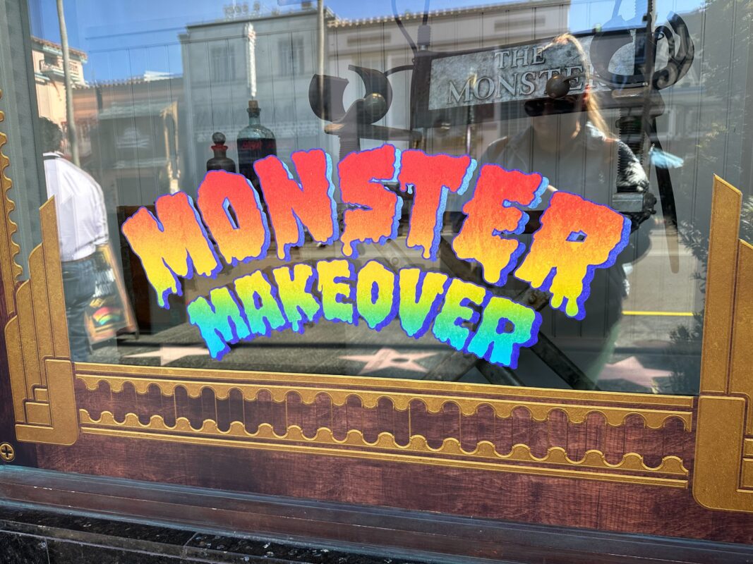 A closeup of the Monster Makeover window decal.