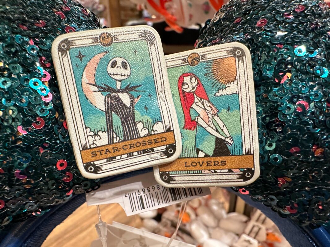 Close-up of Jack and Sally tarot cards on ear headband
