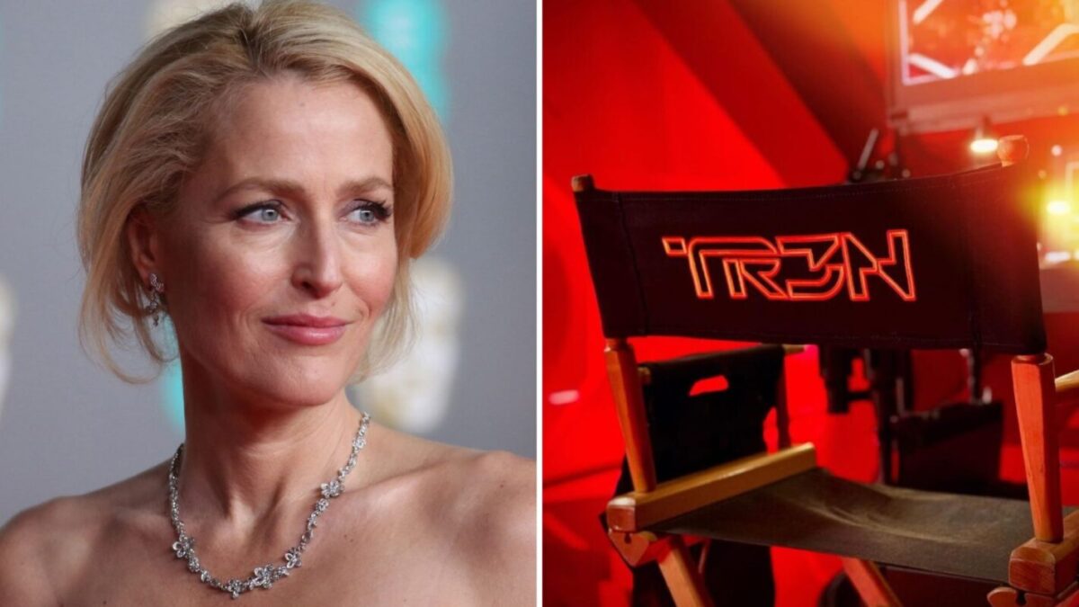 A two-photo collage of Gillian Anderson and the director's chair from "TRON 3." WDWNT Daily Recap 1-22-24