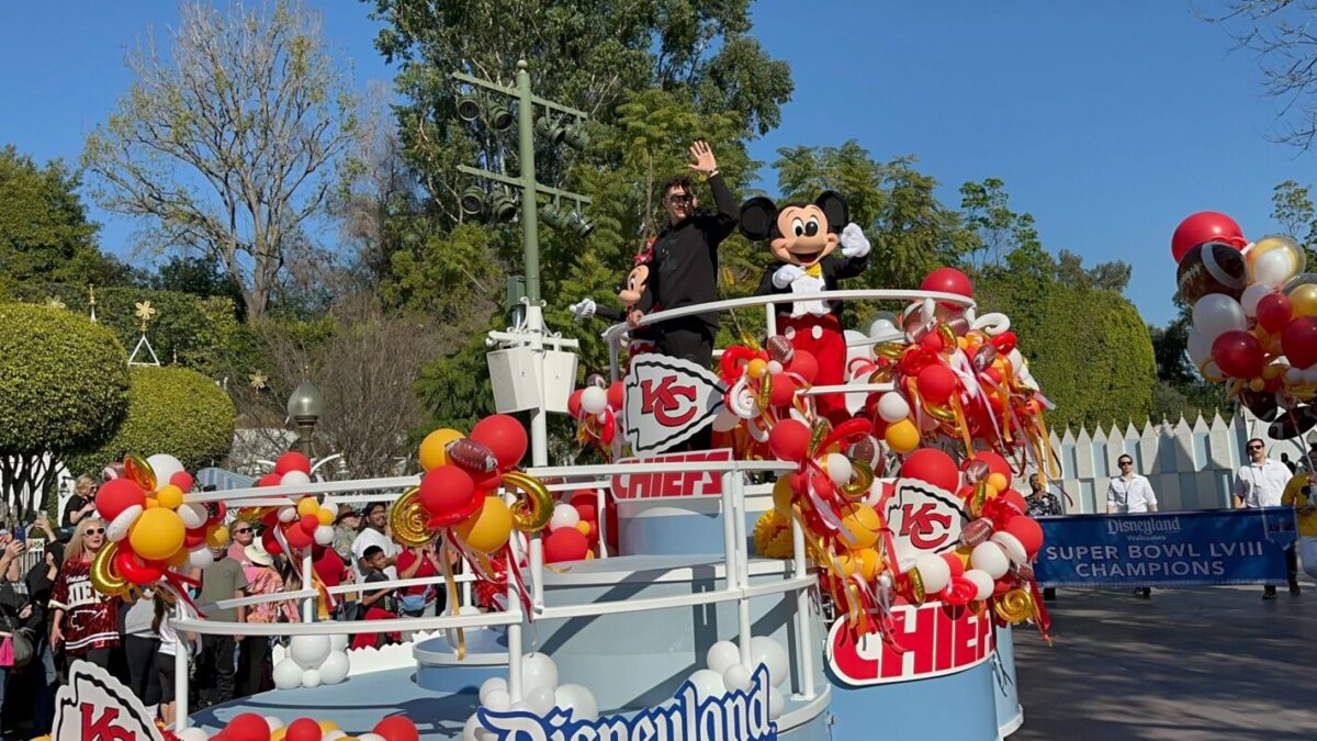 Mickey, Minnie, and Patrick Mahomes in Super Bowl LVIII victory parade