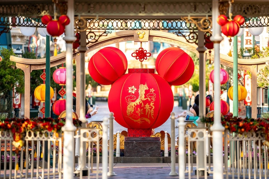 A Mickey-shaped red lantern in Hong Kong Disneyland.