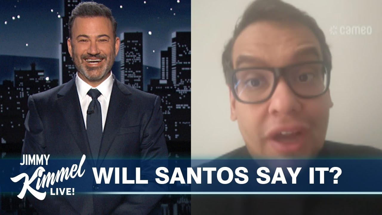 A YouTube thumbnail image with Jimmy Kimmel on the left side of the screen and George Santos on the right in a screenshot from a Cameo video.