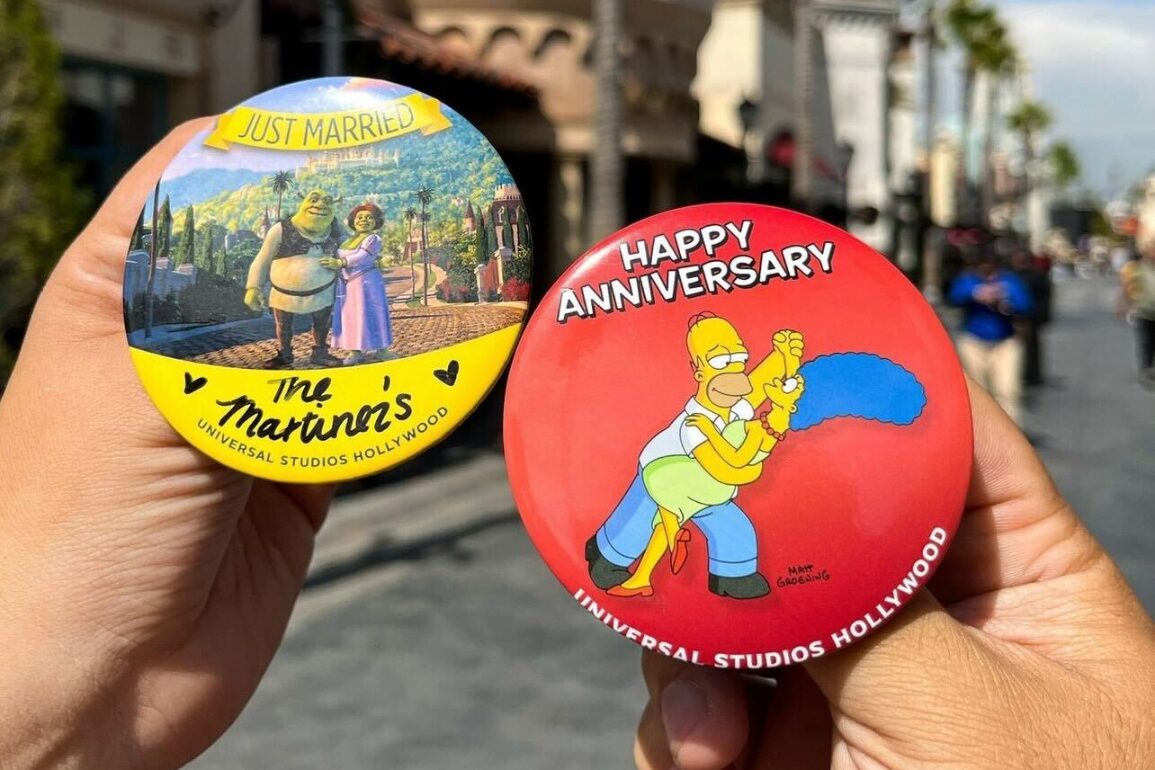 Shrek just married and Simpsons anniversary buttons