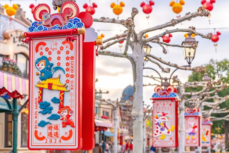 Chinese New Year Banners on Mickey Avenue in Shanghai Disneyland.
