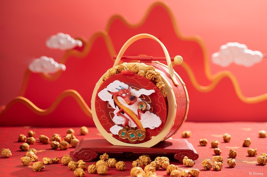A drum-shaped Mushu popcorn bucket for Chinese New Year.