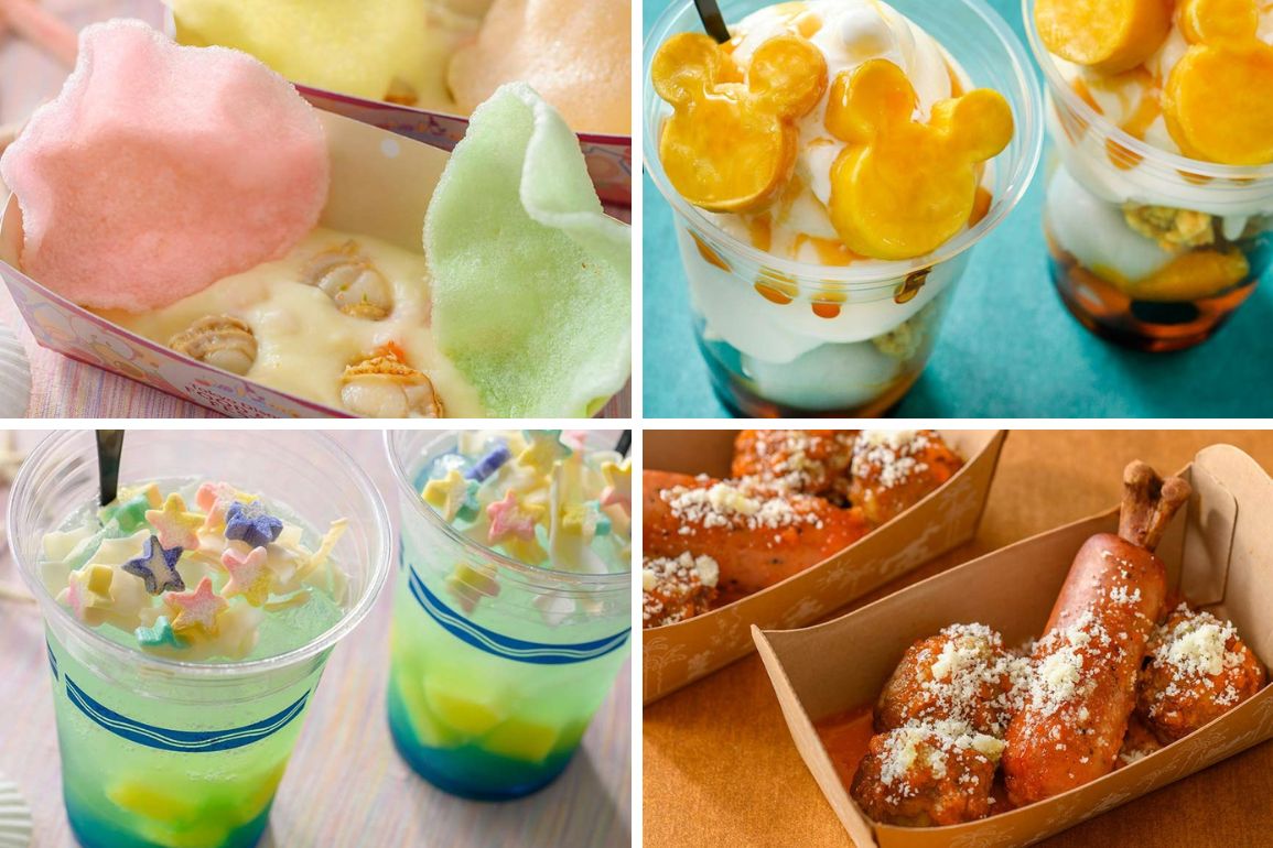An array of Tokyo DisneySea food & wine desserts featuring a collage of different types of dishes.