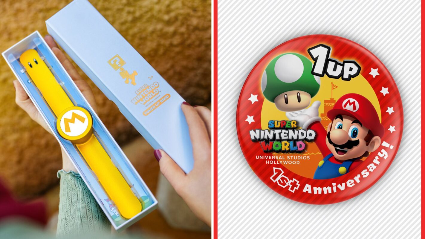 Gold power-up band and Super Nintendo World button
