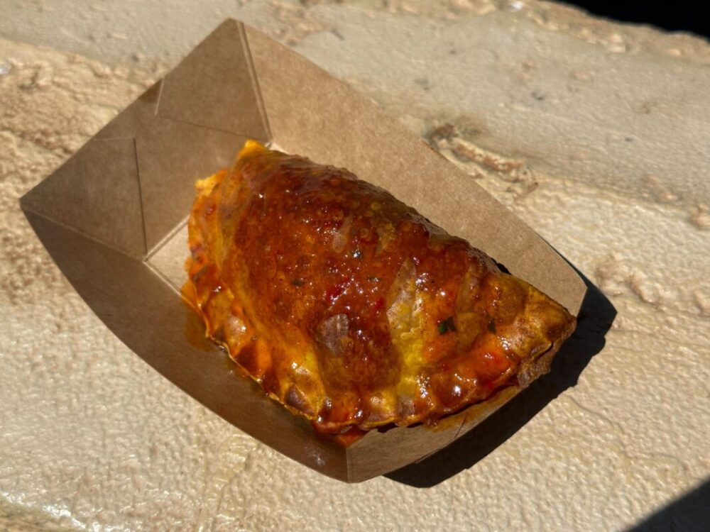 A cardboard dish with an empanada-style pastry covered in sauce.
