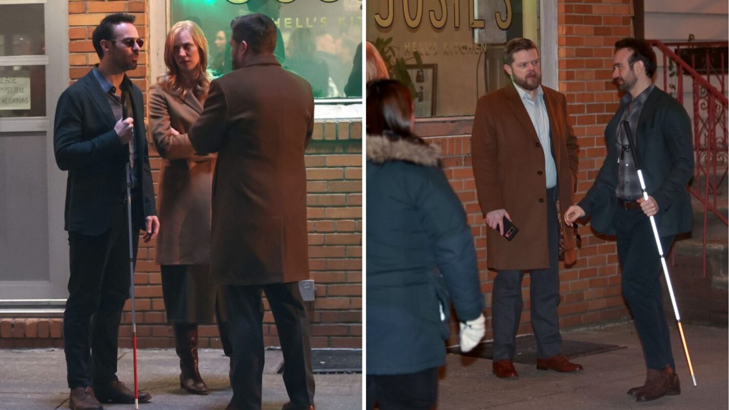 Charlie Cox, Deborah Ann Woll, and Elden Henson filming "Daredevil: Born Again"