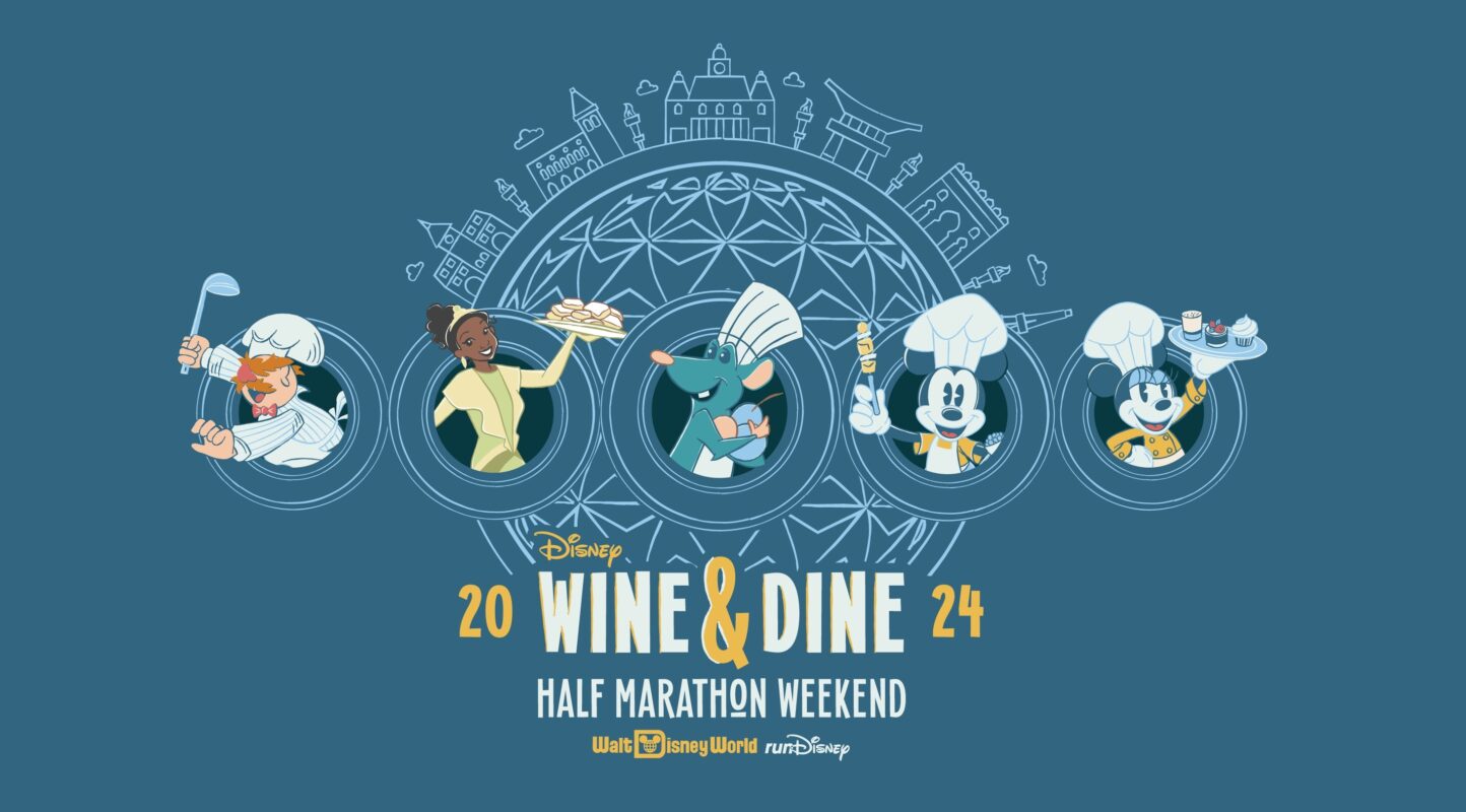 Illustration promoting the Disney Wine & Dine Half Marathon Weekend 2024, featuring Disney characters in chef outfits with food and drink, set against a backdrop of international landmarks. Join the magic with runDisney for a delectable journey around the globe!