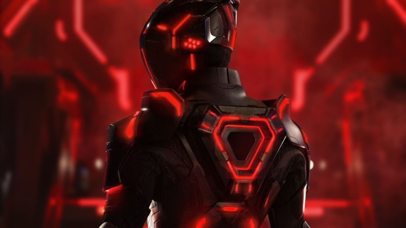 Jared Leto in black suit with red lighting in "Tron: Ares"