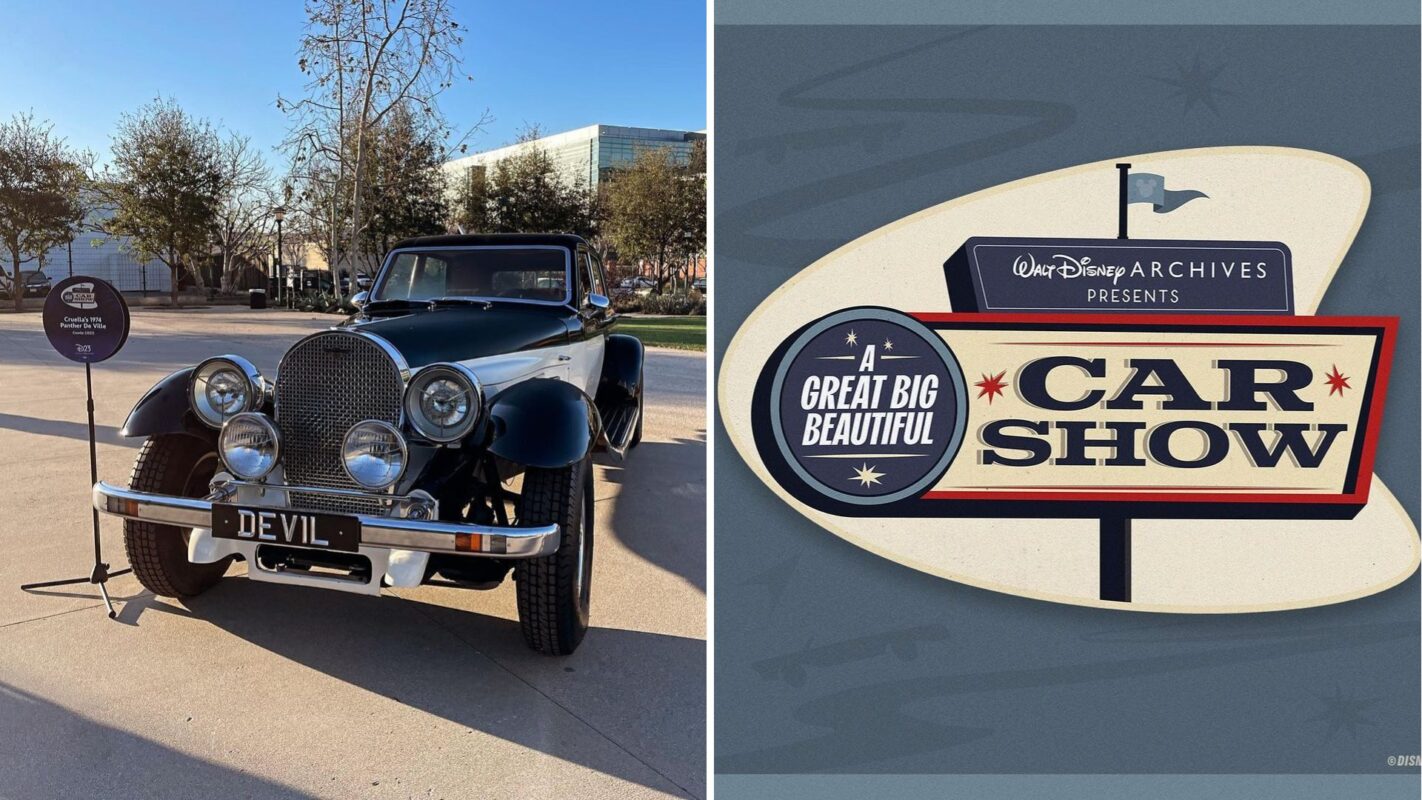 D23 Walt Disney Archives car show graphic and Cruella vehicle