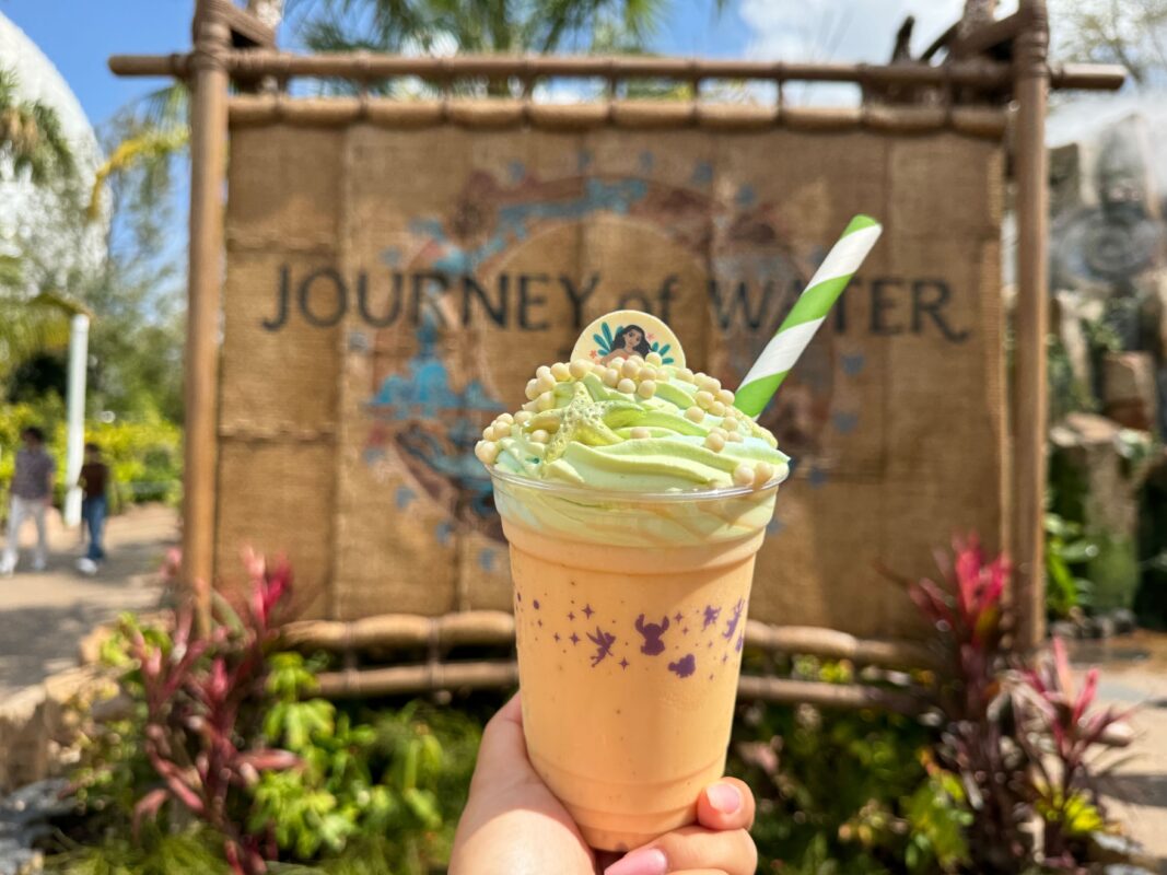 A wide shot of the Moana Milk Shake in front of the Journey of Water sign.