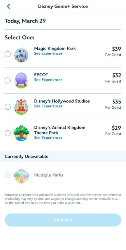 A screenshot of the Multiple Parks Genie+ option grayed out after selling out for Walt Disney World on March 29, 2024.