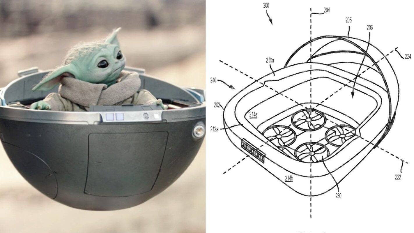 Grogu in floating pram, airframe drone patent