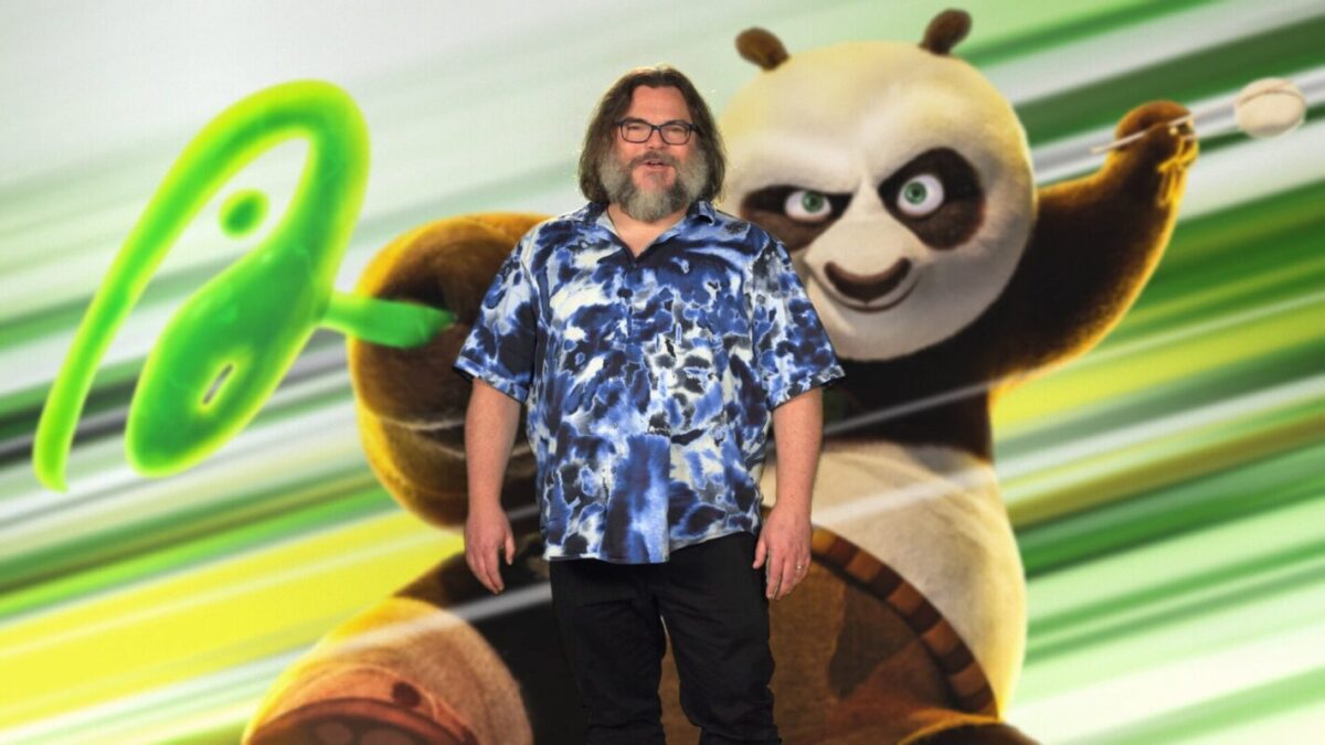 Jack Black in front of 'Kung Fu Panda' Po background