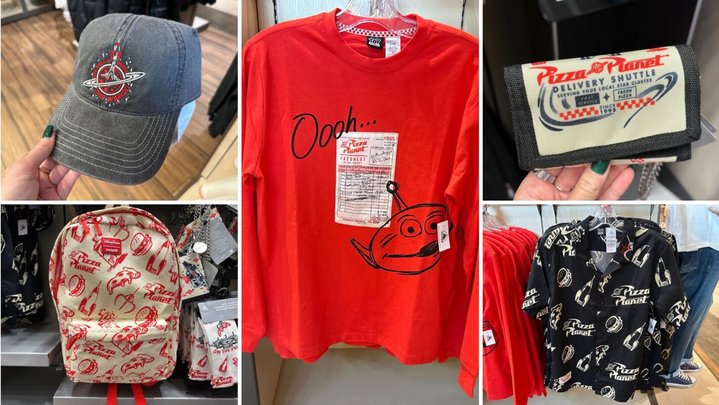 Collage of Pizza Planet merchandise