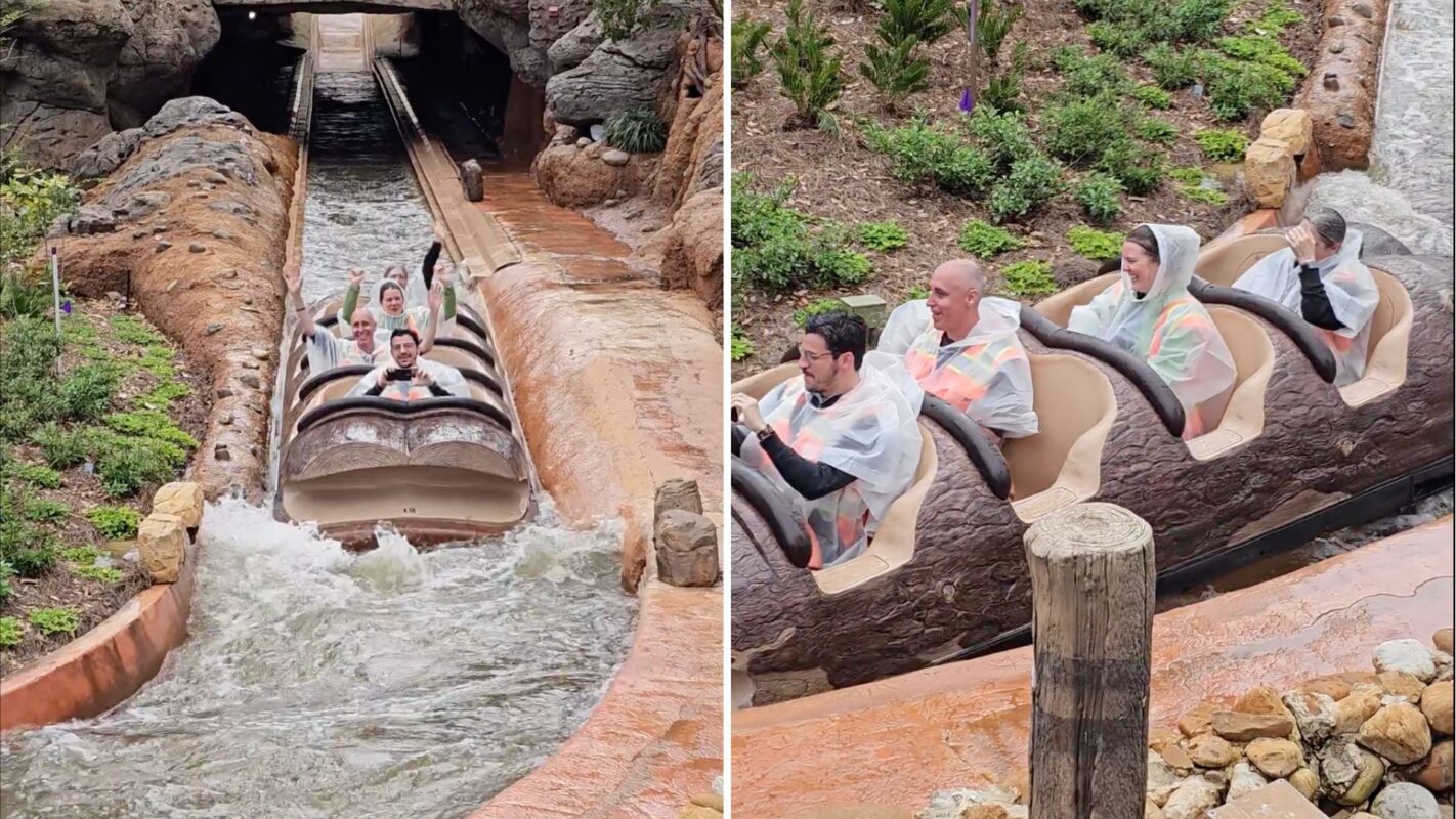 Collage of four Imagineers in raincoats riding Tiana's Bayou Adventure log flume