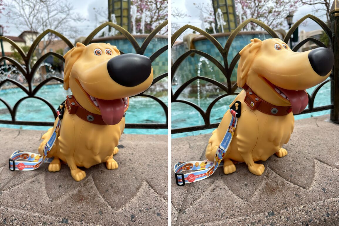 Two pictures of a plastic toy model of the Dug popcorn bucket, a smiling yellow dog with a brown collar, positioned in front of a metal fence with a blurred water feature.
