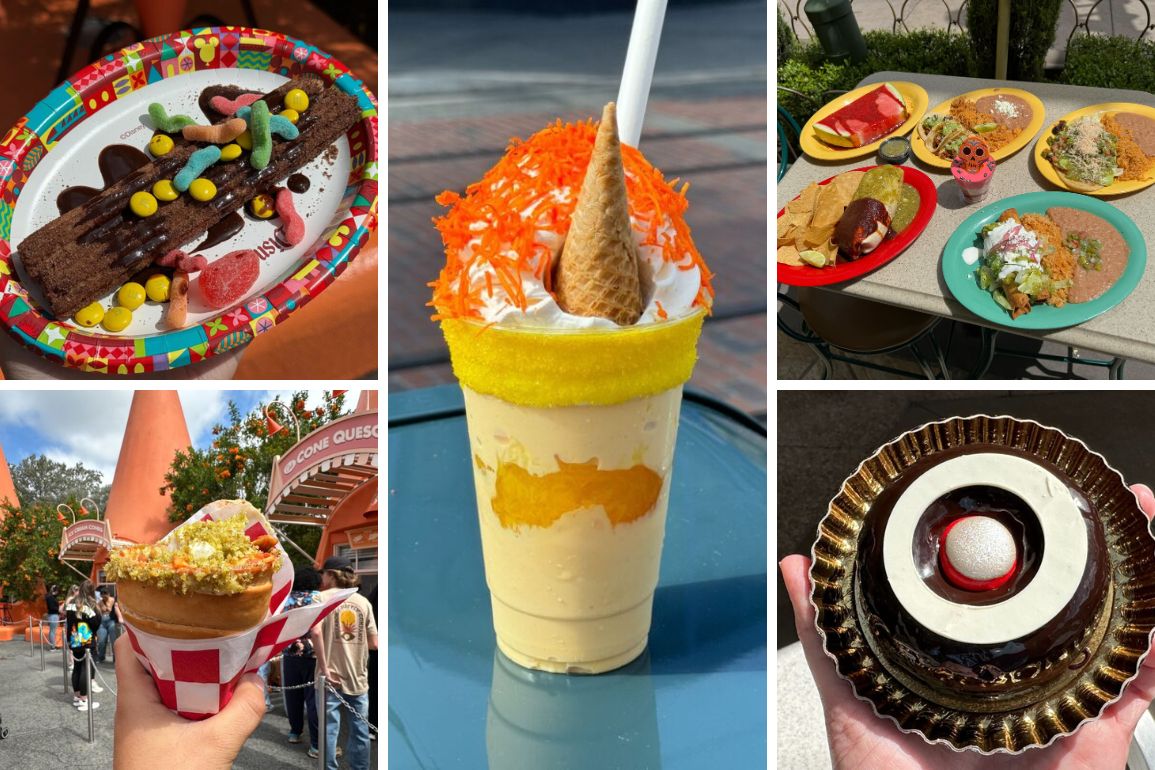 Collage of five diverse and creative Pixar Fest food desserts, including a chocolate cake with candies, a carrot-themed ice cream cone, multiple exotic dishes, a taco-style ice cream, and a jell