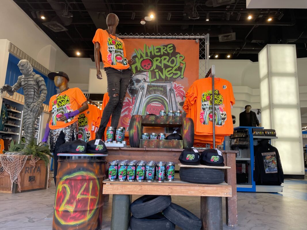 A merchandise display for the first collection for Halloween Horror Nights 33 at Universal Orlando Resort.