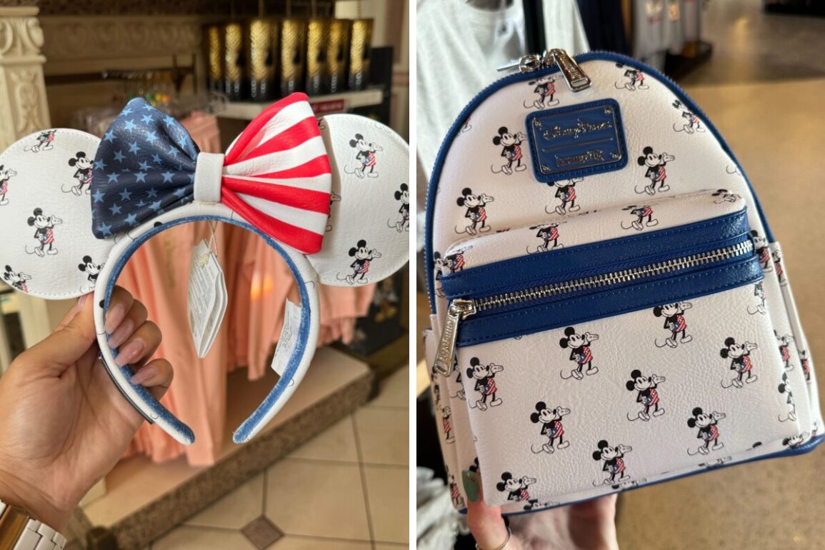 A person holding Minnie Mouse ears with an Americana flag design, and a small Loungefly backpack with a Mickey Mouse print.