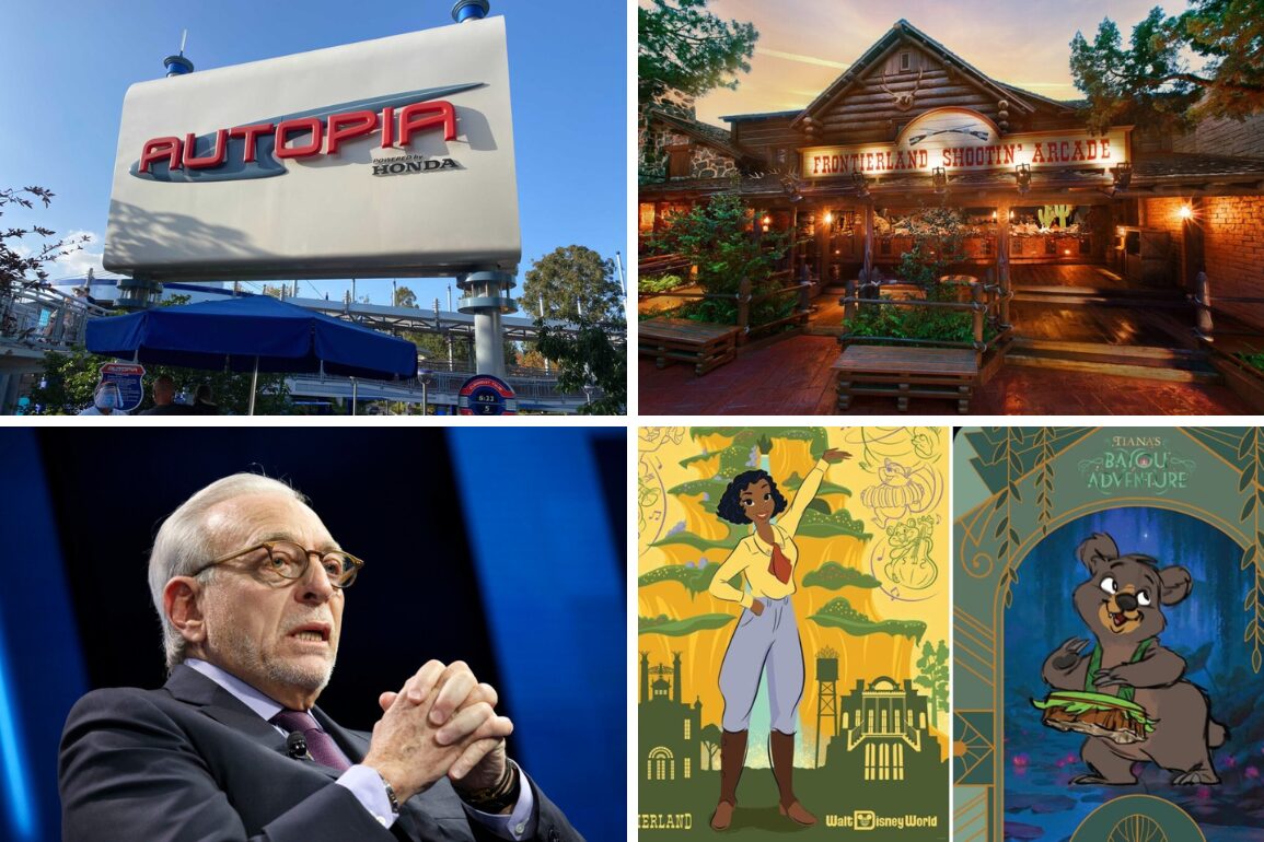 A four-photo collage for the WDWNT Daily Recap featuring the sign for Autopia at Disneyland Park, Frontierland Shootin' Arcade in Magic Kingdom, Nelson Peltz, and the Walt Disney World attraction poster for Tiana's Bayou Adventure.