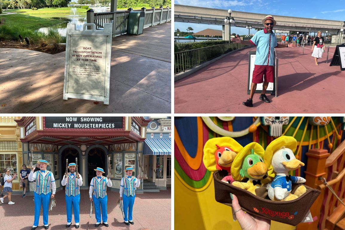 Daily recap: Collage of four photos: a boat transportation sign at a park, a man smiling in sunglasses and cap, barbershop quartet performing, stuffed toys of Donald Duck's nephews