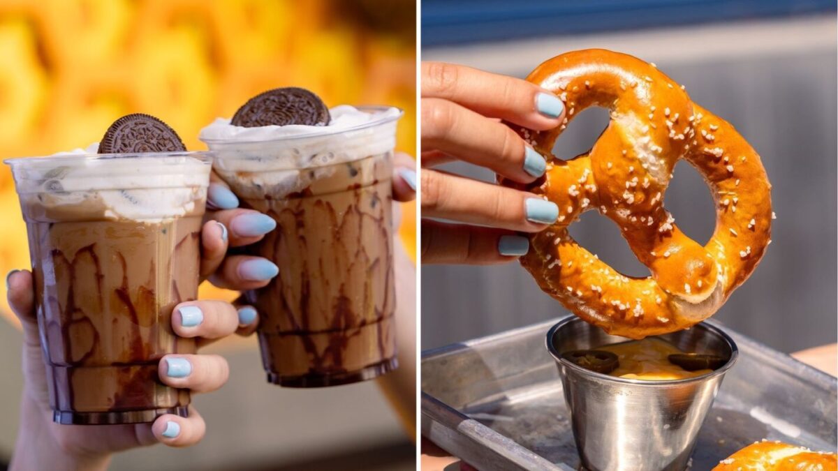 Two images: left shows hands holding iced coffees topped with whipped cream and cookies. Right displays a hand holding a pretzel with a dipping sauce in the background.