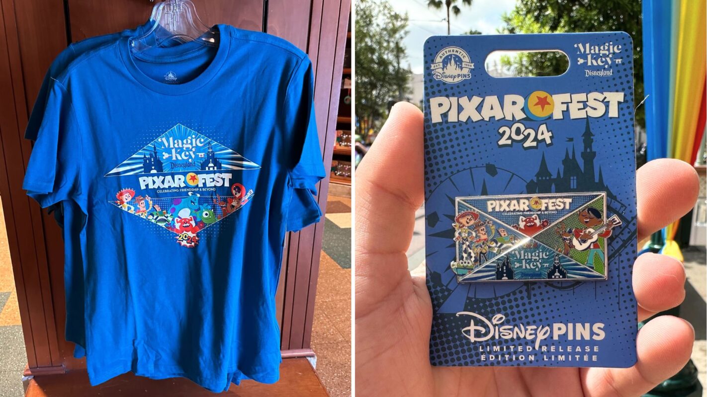 A blue "pixar fest 2024" t-shirt and a "magic key" disney pin set featuring pixar characters, displayed for sale.